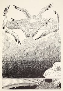 Los cuatro djinns de alas de gaviota levantando el palacio de Suleiman-bin-Daoud justo después de que la mariposa haya estampado, ilustración de 